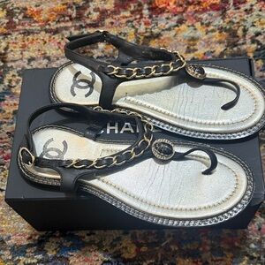Chanel Black and Gold Chain Sandals